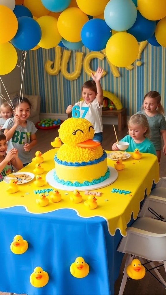 A festive duck-themed birthday party with decorations, a duck cake, and children enjoying the celebration.